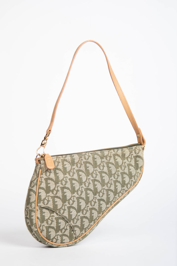 2000s Christian Dior Green Monogram Trotter Saddle Bag