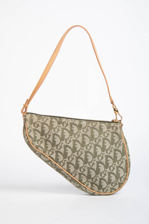 2000s Christian Dior Green Monogram Trotter Saddle Bag