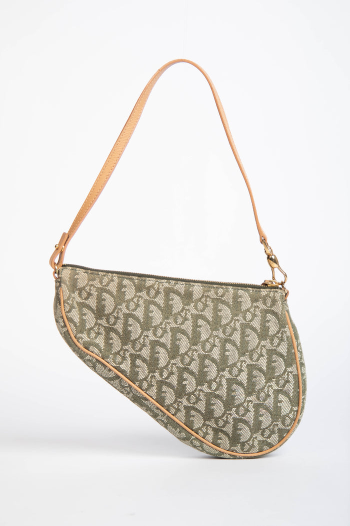 2000s Christian Dior Green Monogram Trotter Saddle Bag