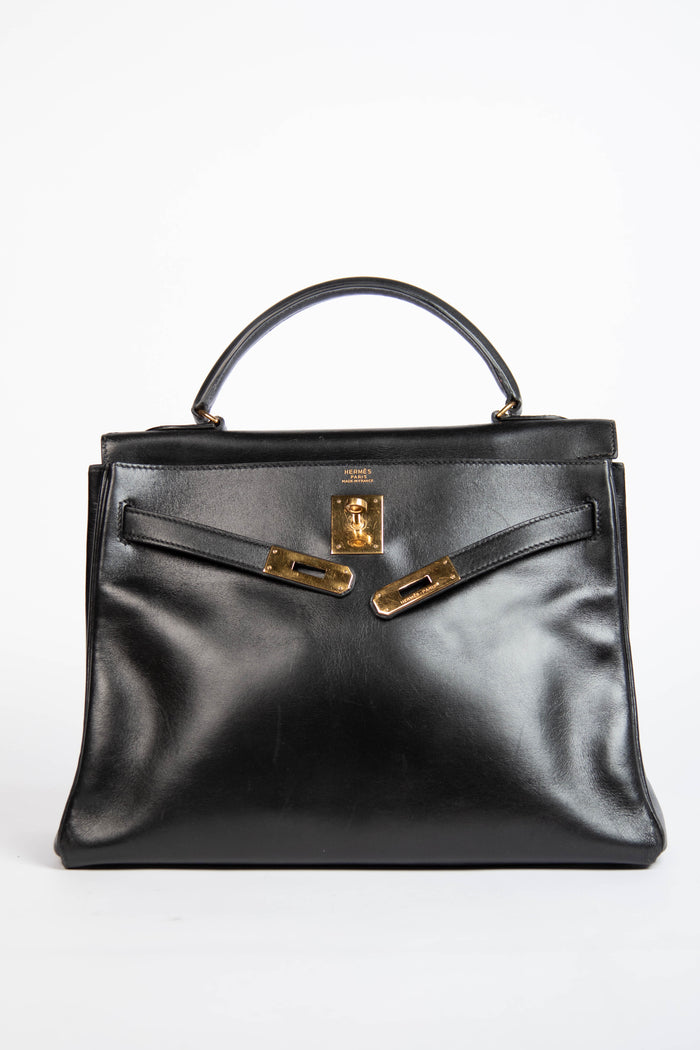 1989 Hermès Kelly 32cm in Retourne Black Box Leather GHW