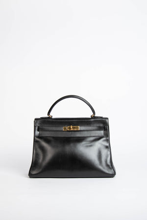 1989 Hermès Kelly 32cm in Retourne Black Box Leather GHW