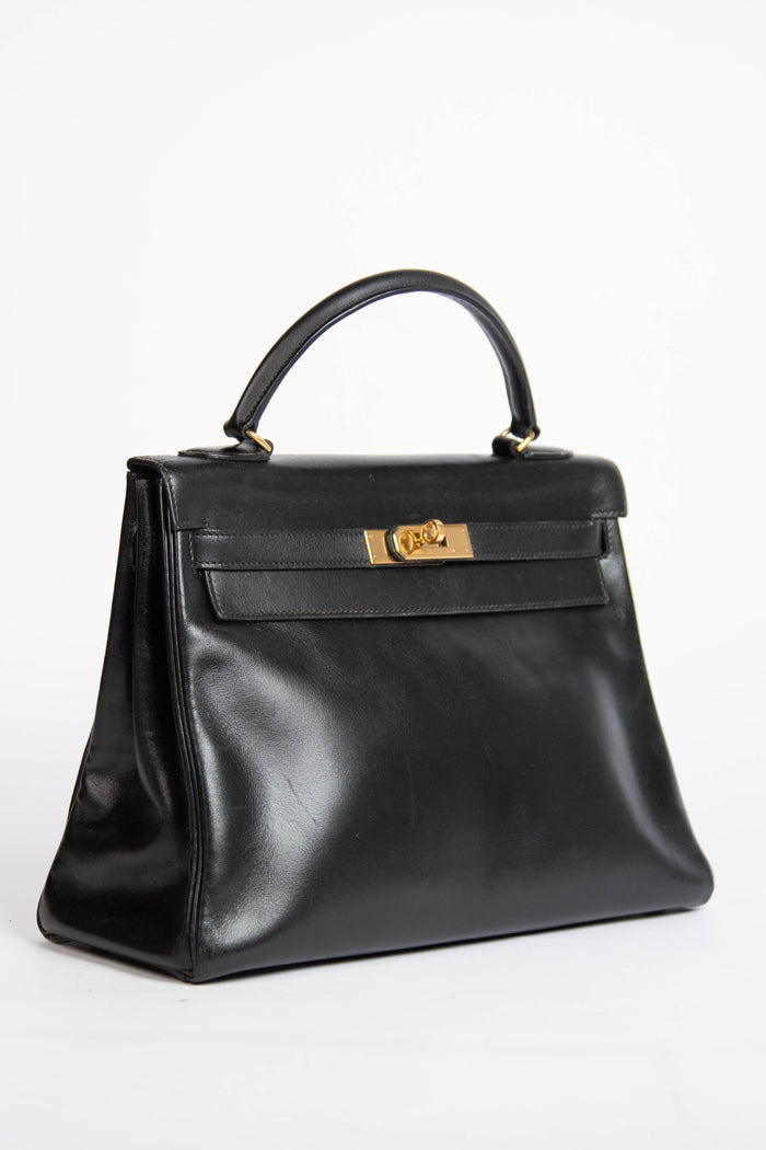 1989 Hermès Kelly 32cm in Retourne Black Box Leather GHW