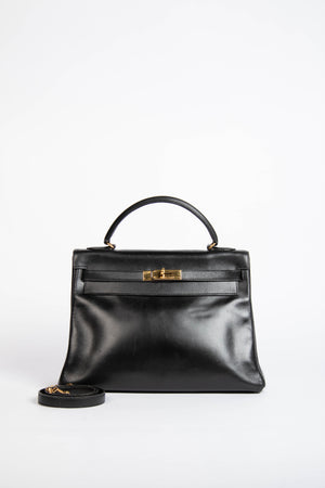 1989 Hermès Kelly 32cm in Retourne Black Box Leather GHW