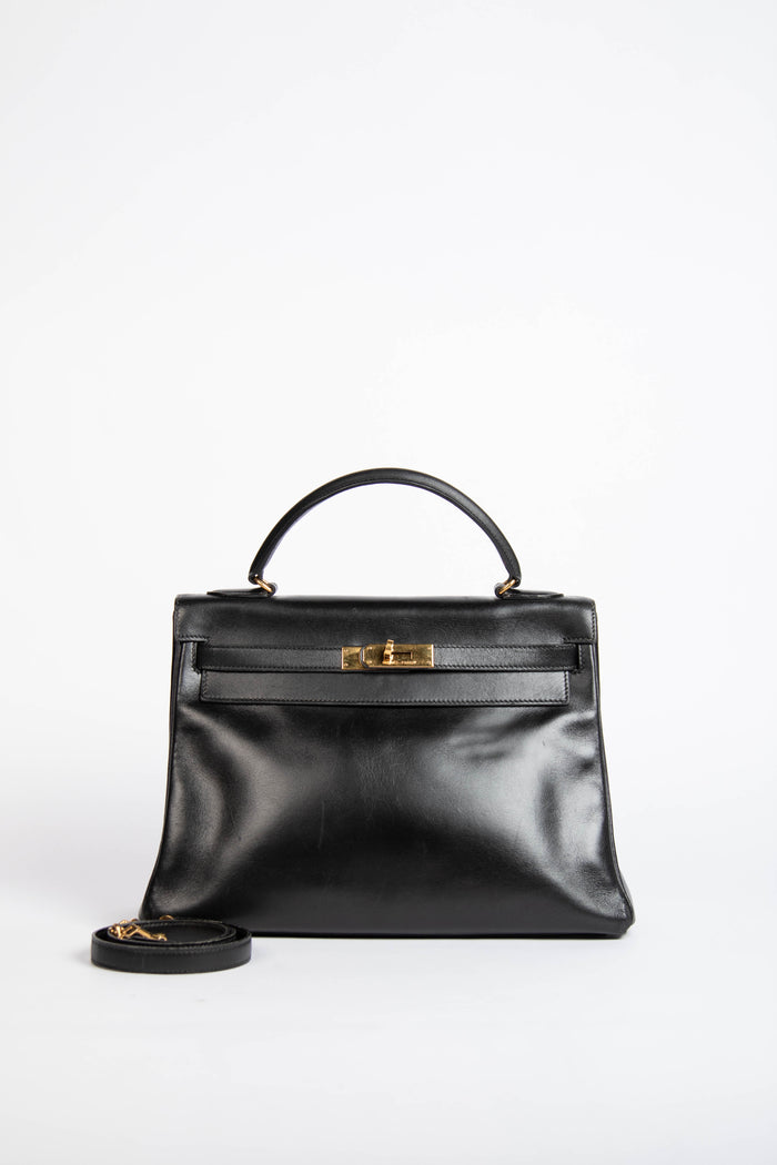 1989 Hermès Kelly 32cm in Retourne Black Box Leather GHW