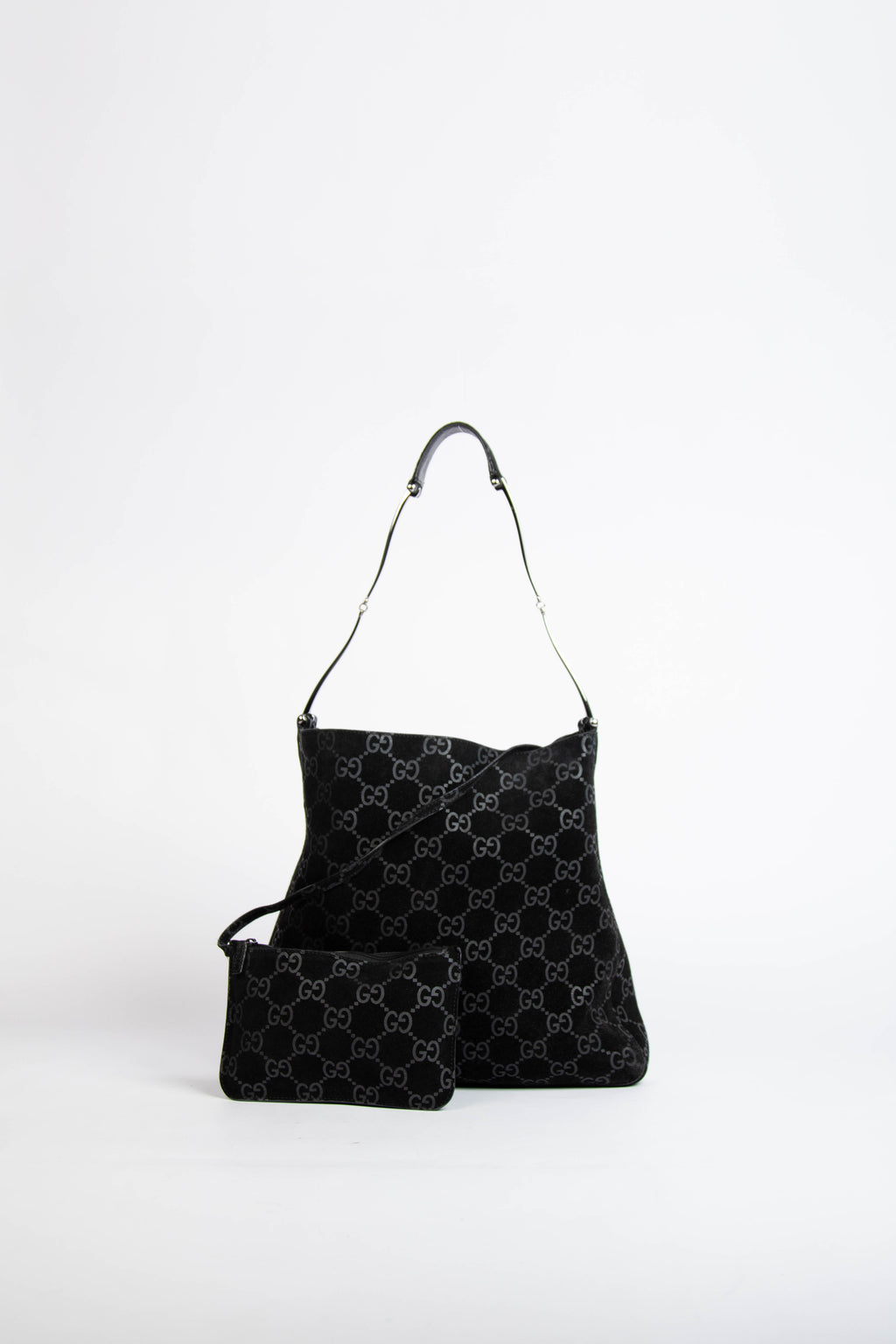 90s Gucci Tom Ford Black Monogram Shoulder Bag with Pouch
