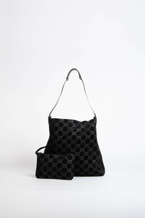 90s Gucci Tom Ford Black Monogram Shoulder Bag with Pouch