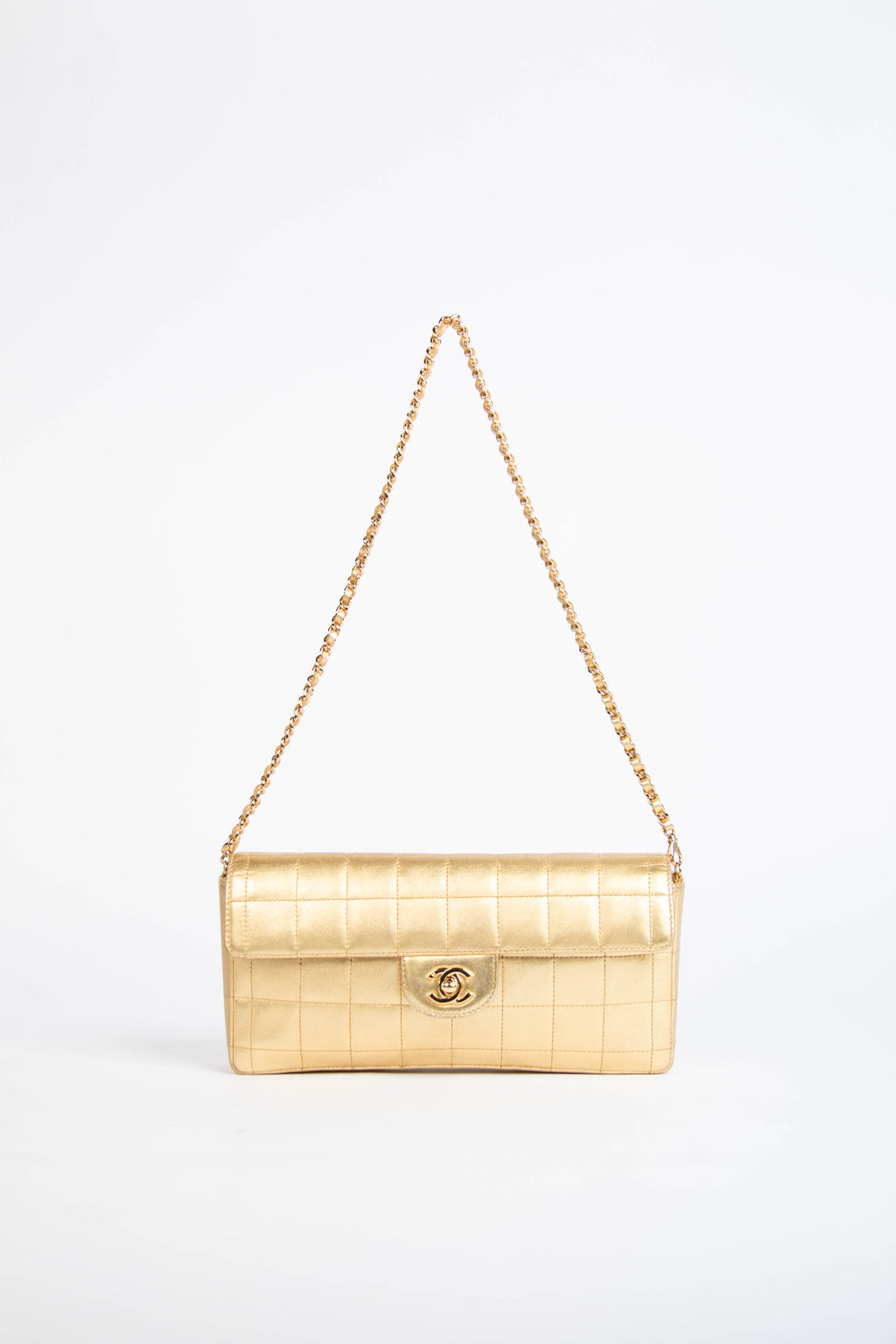 2000s Chanel Gold Lambskin Chocolate Bar East West Shoulder Bag