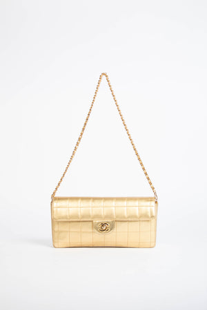 2000s Chanel Gold Lambskin Chocolate Bar East West Shoulder Bag