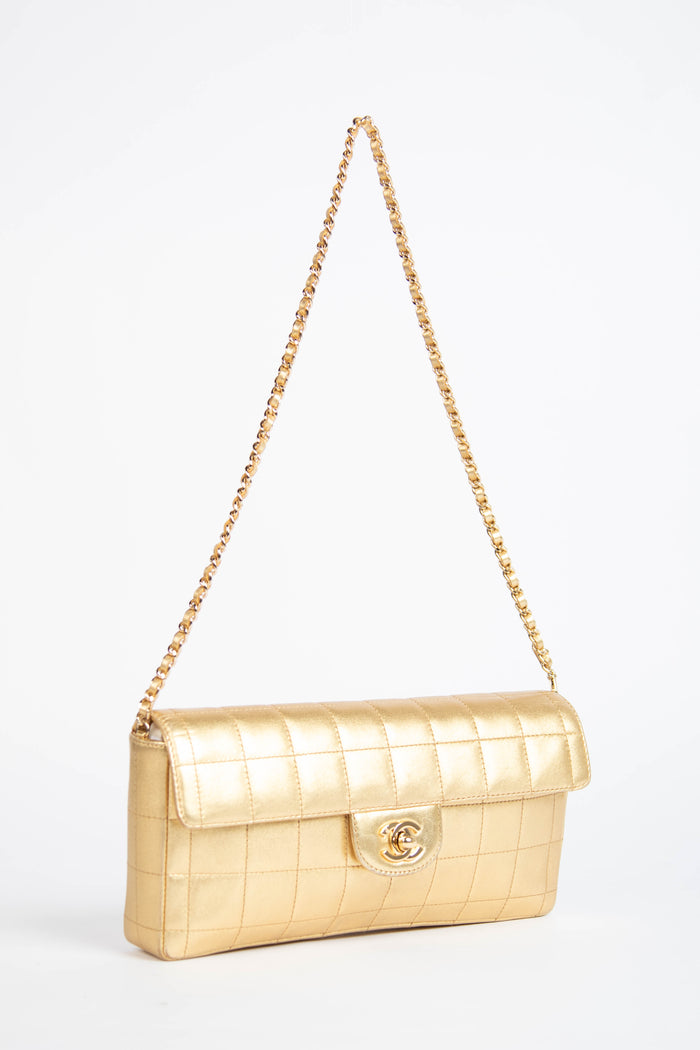 2000s Chanel Gold Lambskin Chocolate Bar East West Shoulder Bag