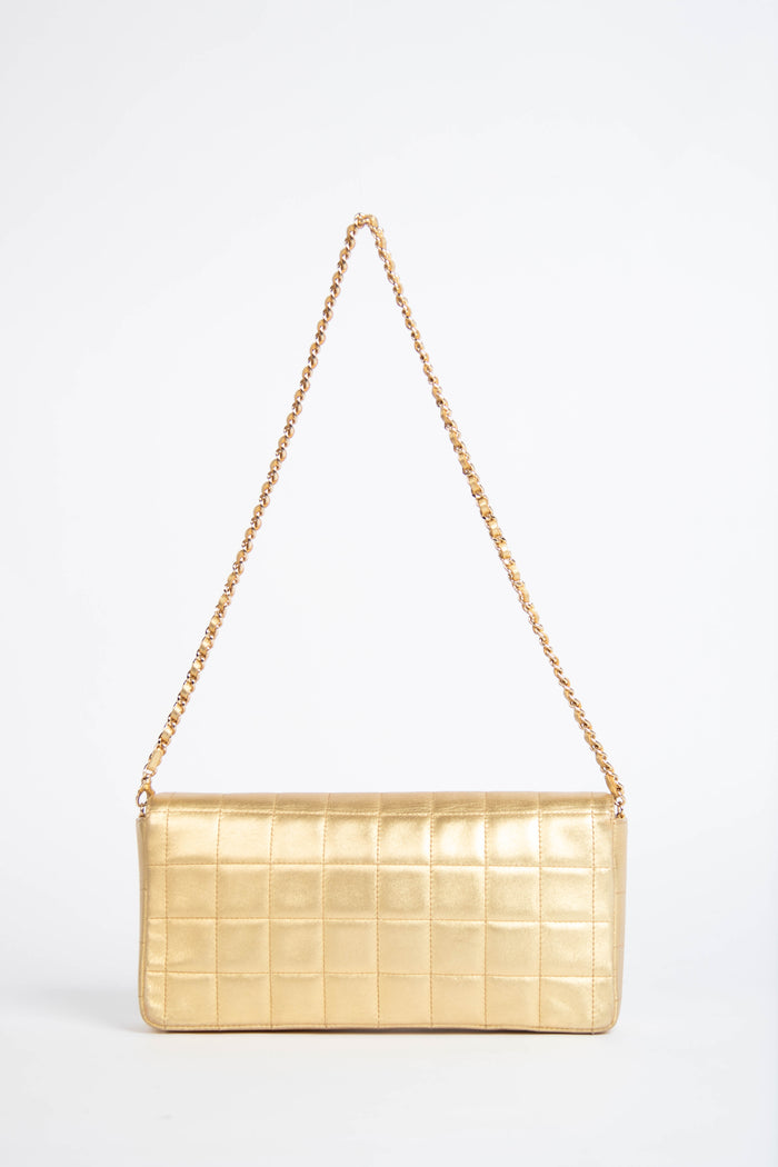 2000s Chanel Gold Lambskin Chocolate Bar East West Shoulder Bag