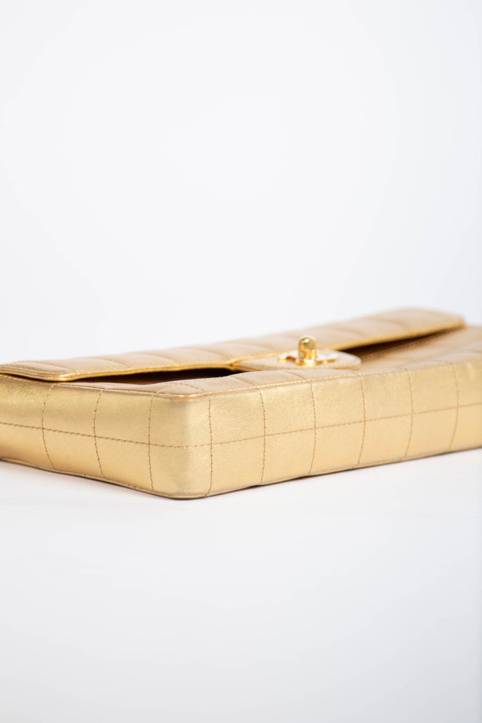 2000s Chanel Gold Lambskin Chocolate Bar East West Shoulder Bag