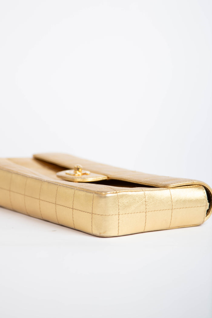 2000s Chanel Gold Lambskin Chocolate Bar East West Shoulder Bag
