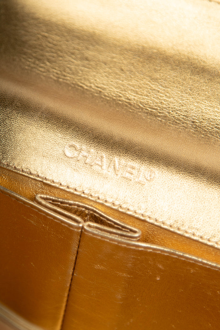 2000s Chanel Gold Lambskin Chocolate Bar East West Shoulder Bag