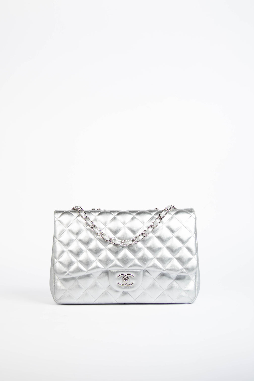 RARE Chanel Silver Lambskin Leather Jumbo Single Flap Bag