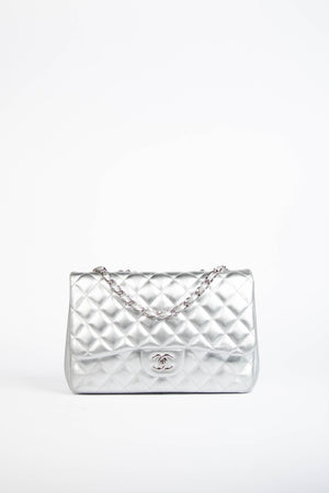 RARE Chanel Silver Lambskin Leather Jumbo Single Flap Bag