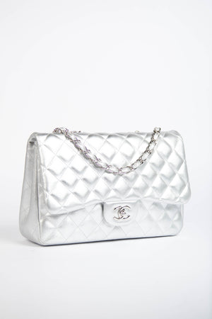 RARE Chanel Silver Lambskin Leather Jumbo Single Flap Bag