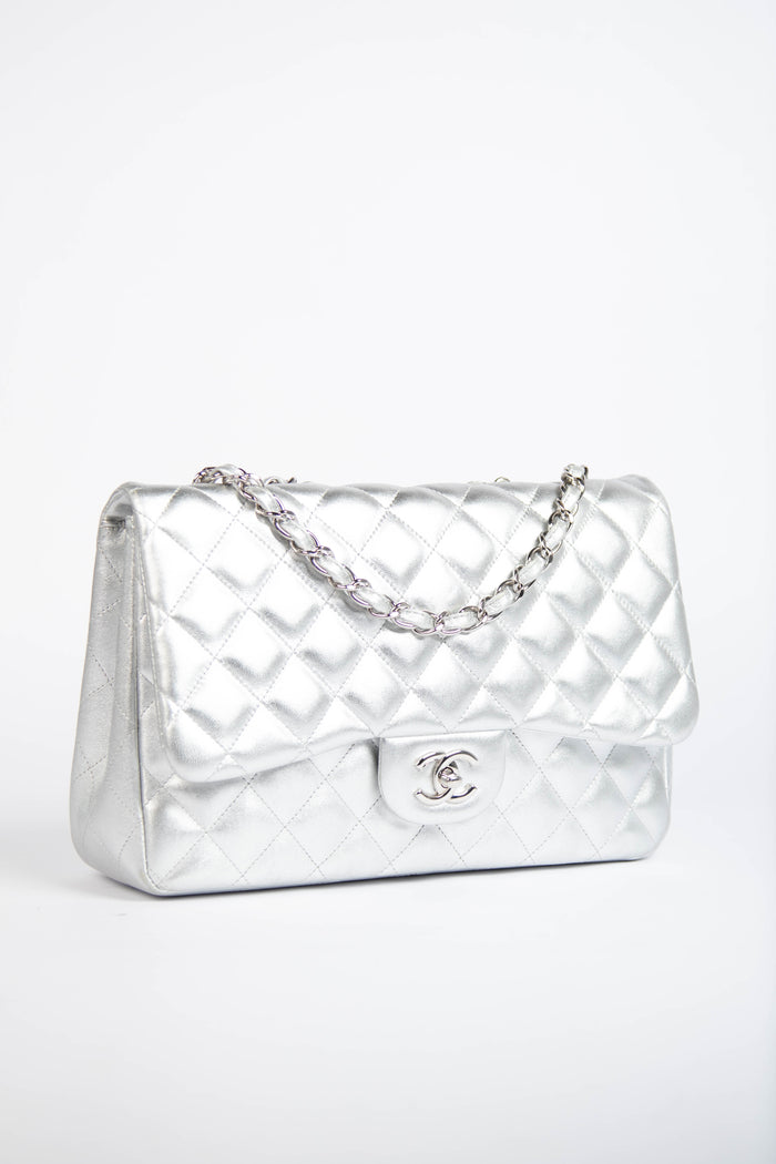 RARE Chanel Silver Lambskin Leather Jumbo Single Flap Bag