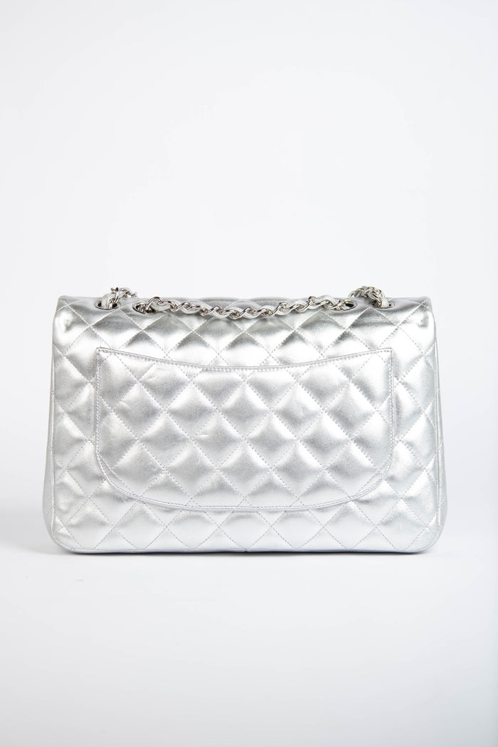 RARE Chanel Silver Lambskin Leather Jumbo Single Flap Bag