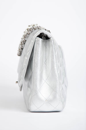RARE Chanel Silver Lambskin Leather Jumbo Single Flap Bag