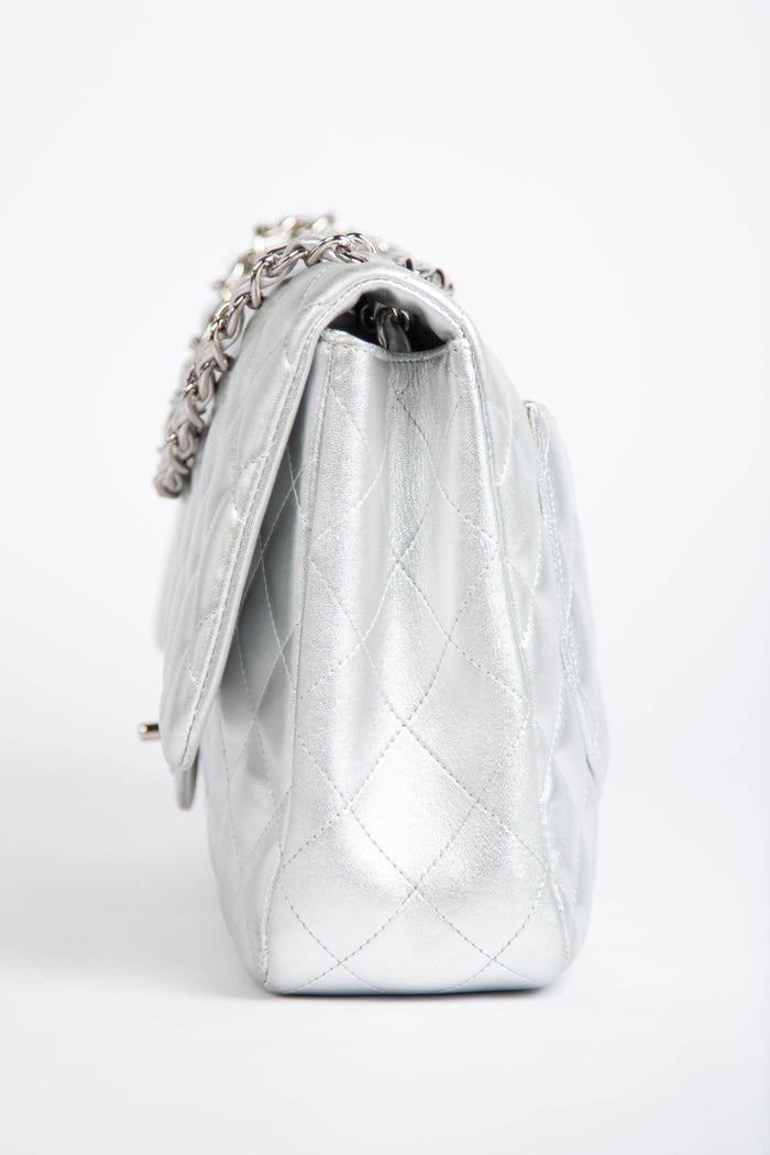 RARE Chanel Silver Lambskin Leather Jumbo Single Flap Bag