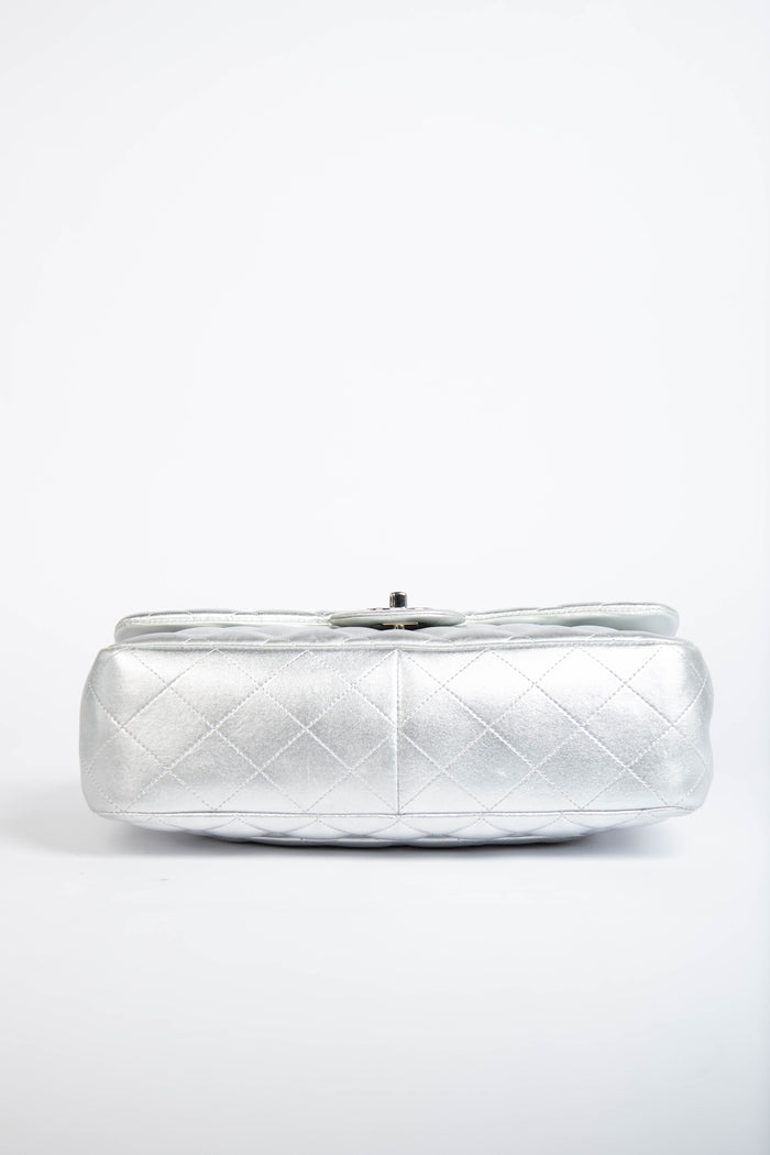 RARE Chanel Silver Lambskin Leather Jumbo Single Flap Bag