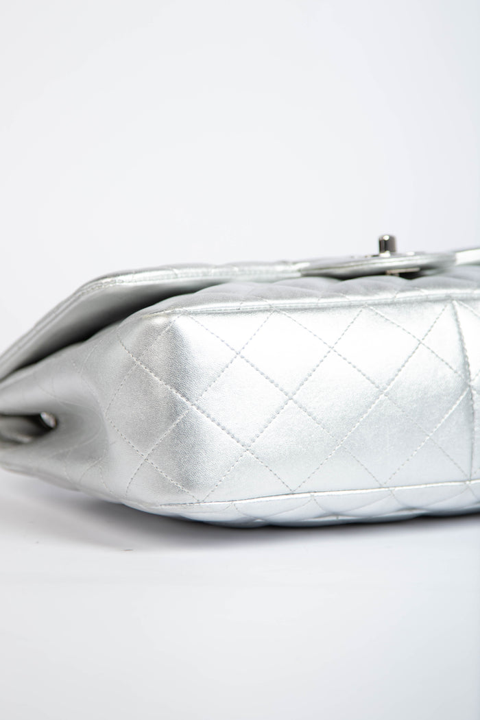 RARE Chanel Silver Lambskin Leather Jumbo Single Flap Bag