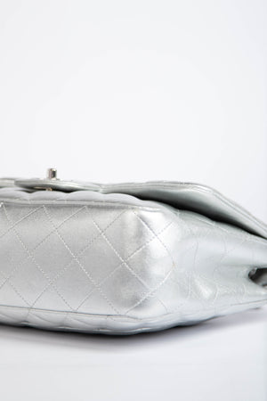 RARE Chanel Silver Lambskin Leather Jumbo Single Flap Bag
