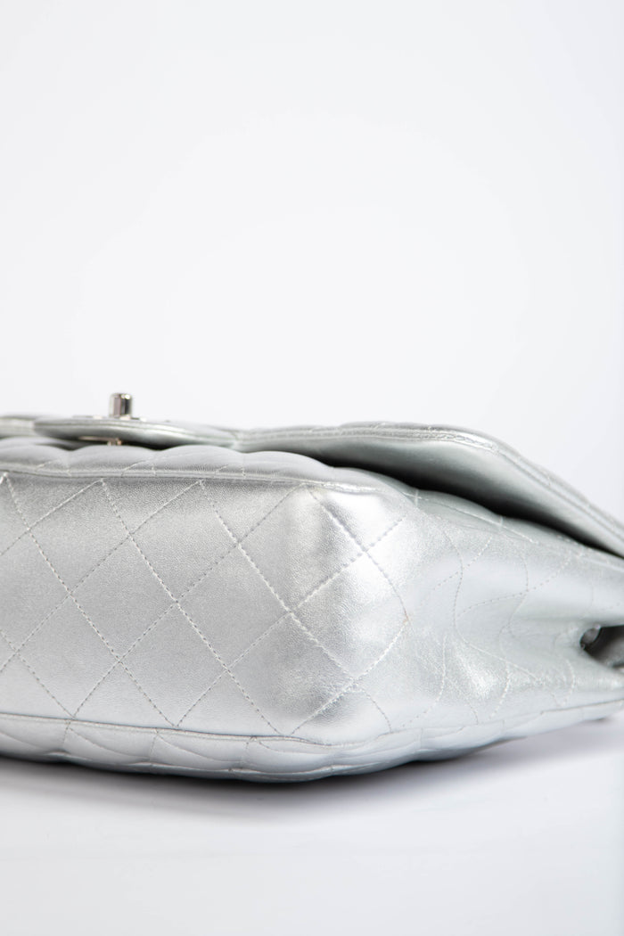 RARE Chanel Silver Lambskin Leather Jumbo Single Flap Bag