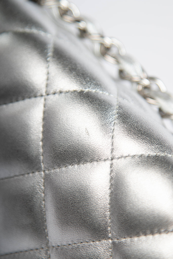 RARE Chanel Silver Lambskin Leather Jumbo Single Flap Bag