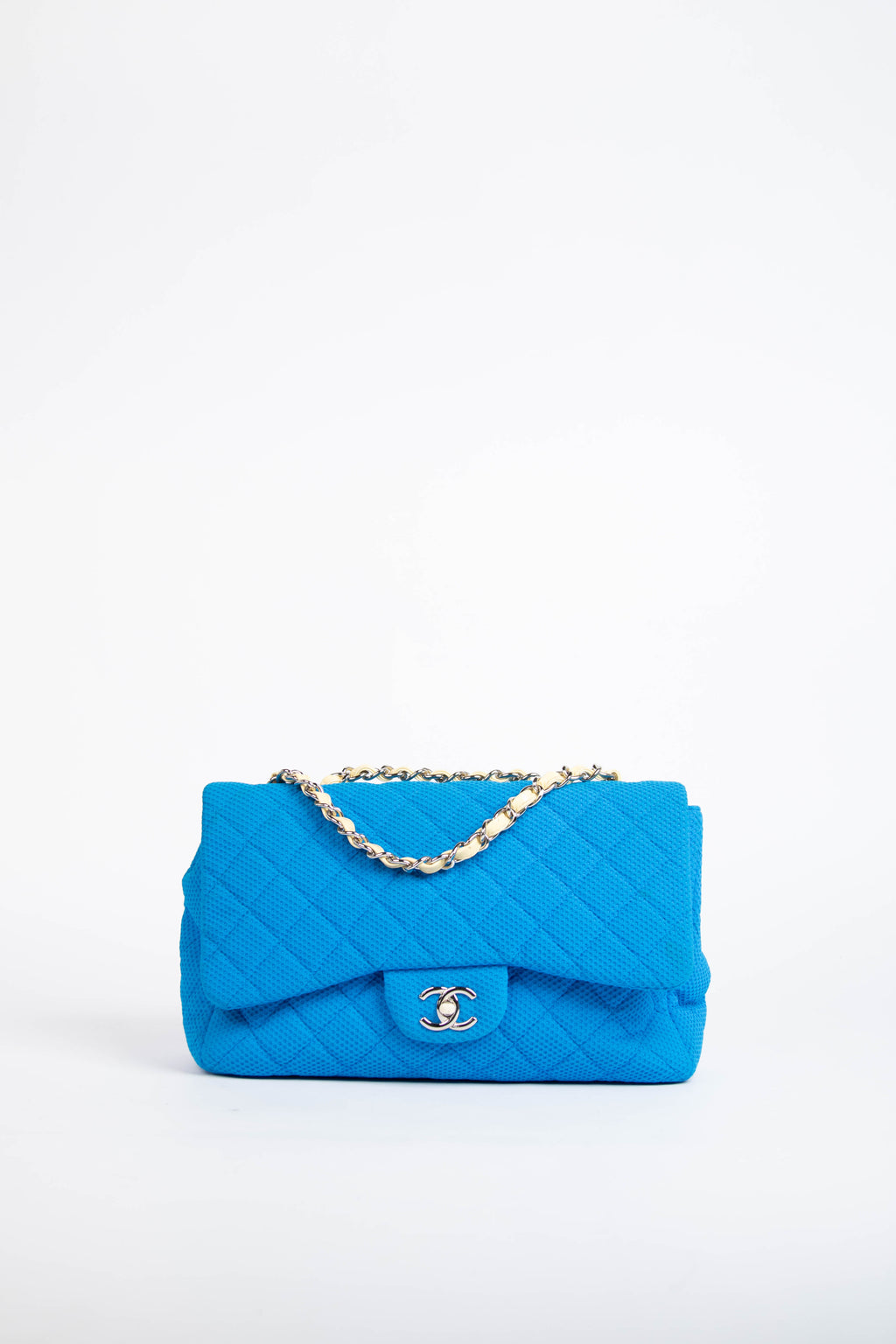 2000s Chanel Blue Perforated Jersey Jumbo Single Flap Bag