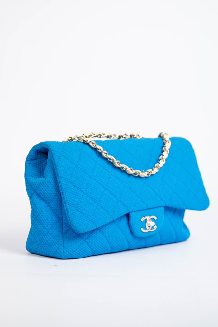 2000s Chanel Blue Perforated Jersey Jumbo Single Flap Bag