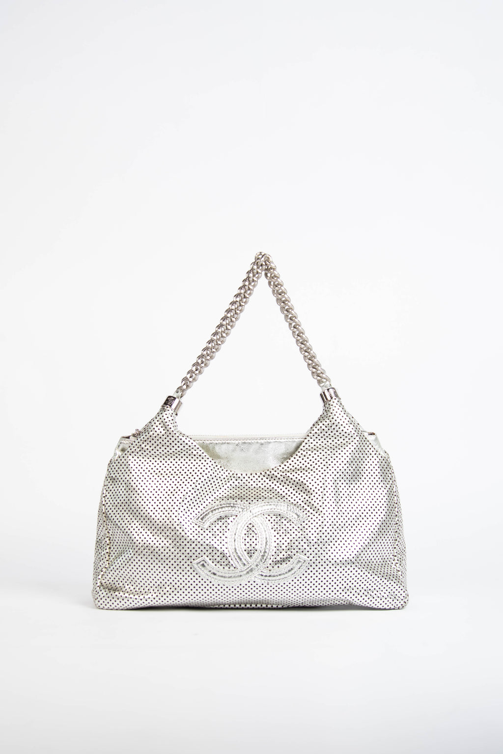2000s Chanel Silver Perforated Leather Rodeo Drive Tote Bag