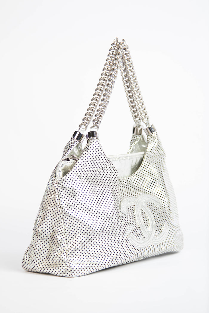 2000s Chanel Silver Perforated Leather Rodeo Drive Tote Bag