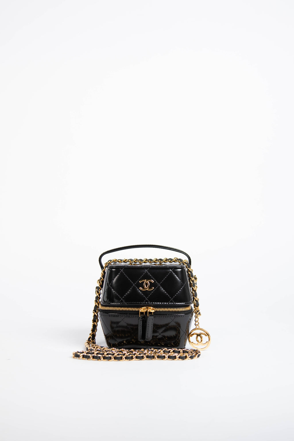2025 Chanel Black Shiny Calfskin Leather Mini Vanity with Chain