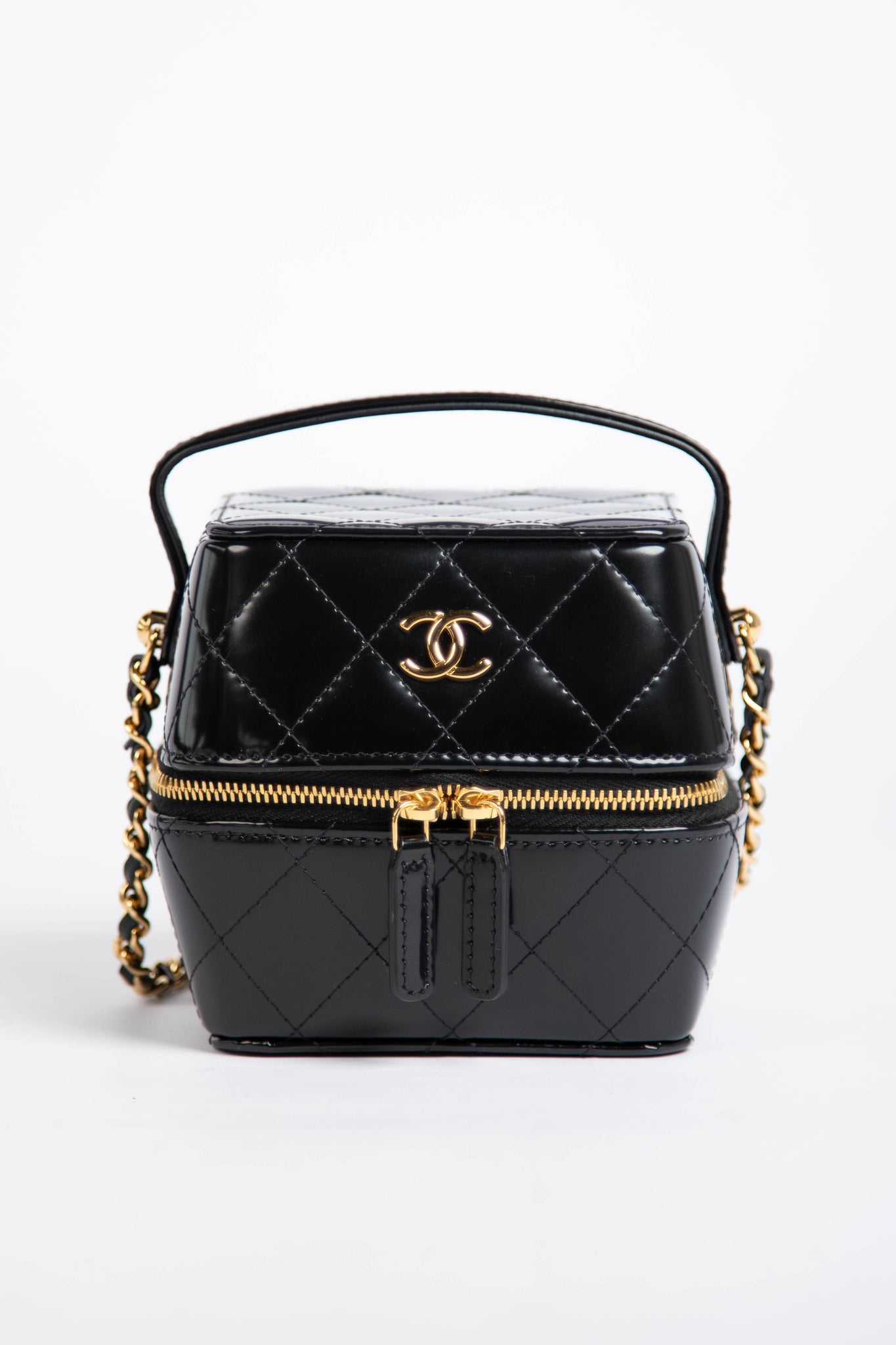 2025 Chanel Black Shiny Calfskin Leather Mini Vanity with Chain