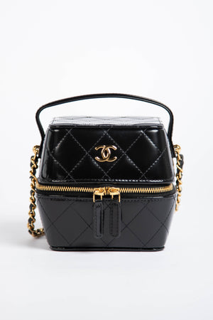 2025 Chanel Black Shiny Calfskin Leather Mini Vanity with Chain