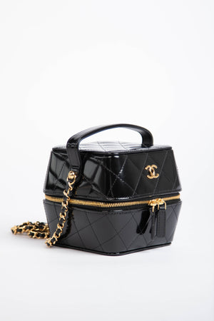 2025 Chanel Black Shiny Calfskin Leather Mini Vanity with Chain