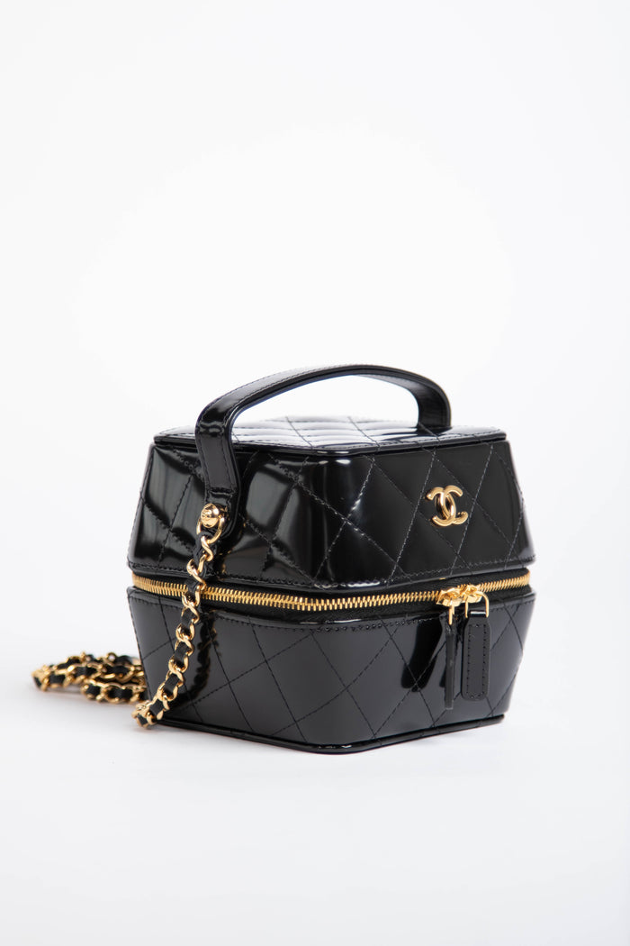 2025 Chanel Black Shiny Calfskin Leather Mini Vanity with Chain