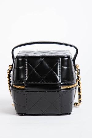 2025 Chanel Black Shiny Calfskin Leather Mini Vanity with Chain