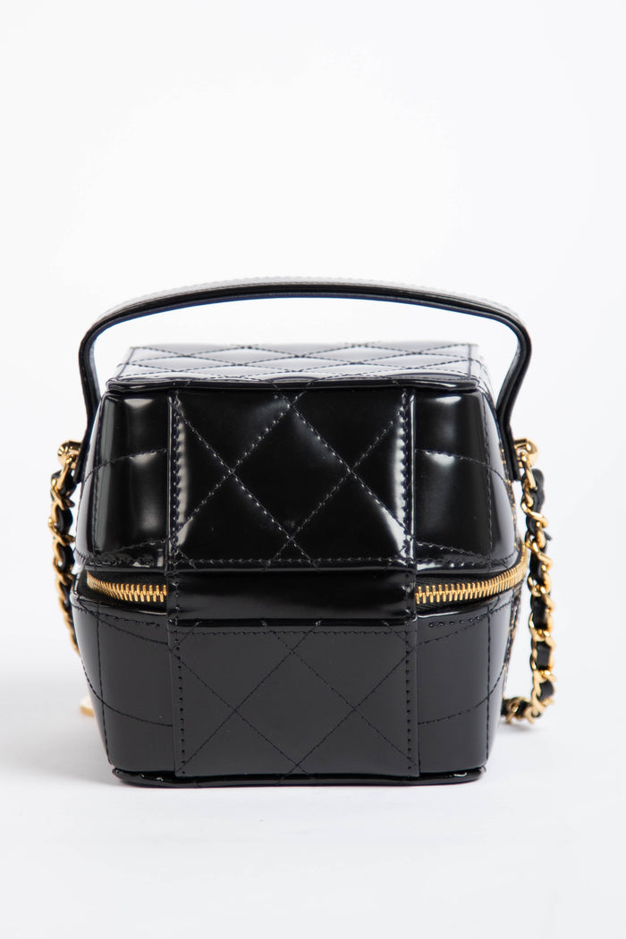 2025 Chanel Black Shiny Calfskin Leather Mini Vanity with Chain