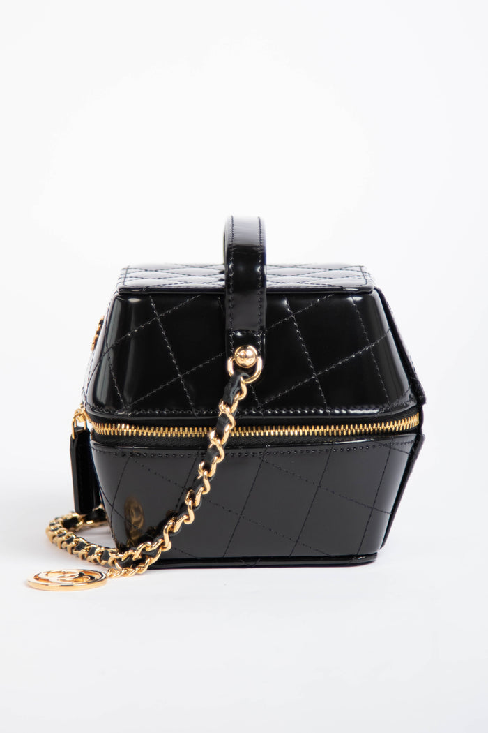 2025 Chanel Black Shiny Calfskin Leather Mini Vanity with Chain