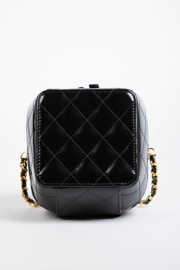 2025 Chanel Black Shiny Calfskin Leather Mini Vanity with Chain