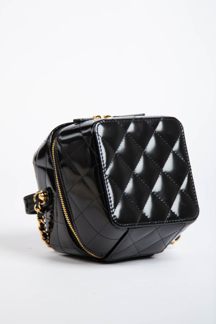 2025 Chanel Black Shiny Calfskin Leather Mini Vanity with Chain