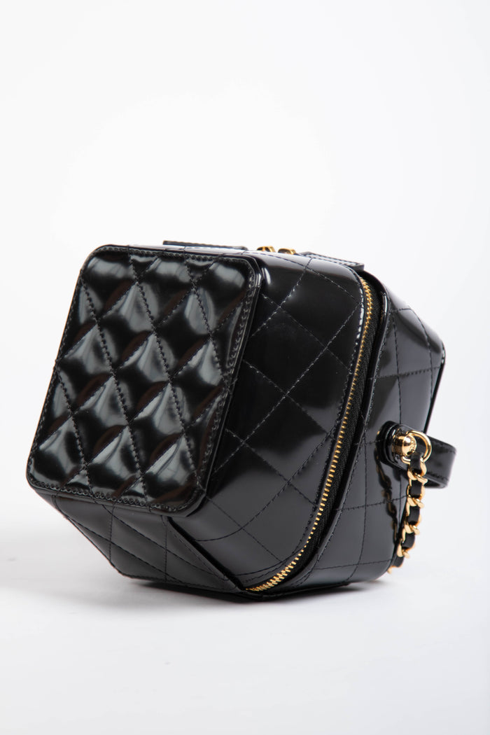 2025 Chanel Black Shiny Calfskin Leather Mini Vanity with Chain