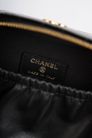 2025 Chanel Black Shiny Calfskin Leather Mini Vanity with Chain