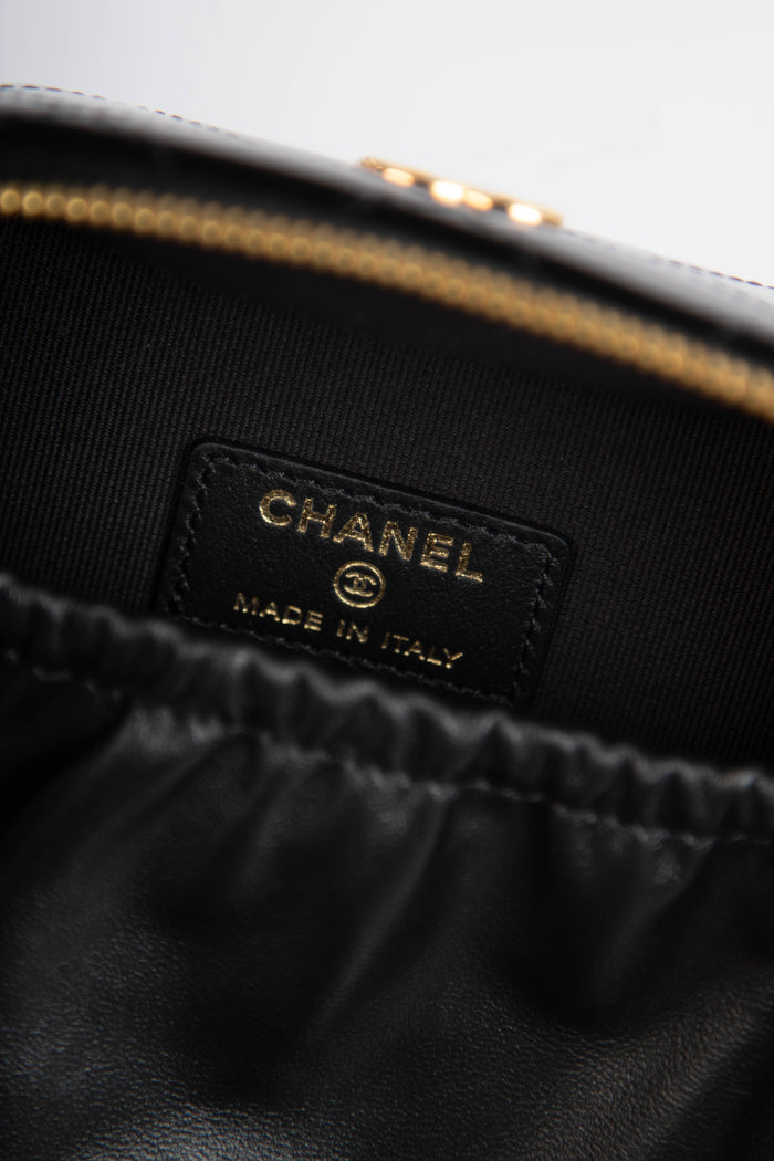 2025 Chanel Black Shiny Calfskin Leather Mini Vanity with Chain