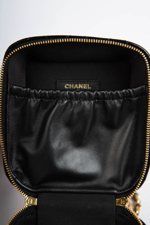 2025 Chanel Black Shiny Calfskin Leather Mini Vanity with Chain
