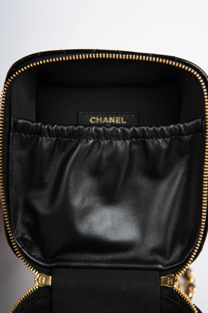 2025 Chanel Black Shiny Calfskin Leather Mini Vanity with Chain