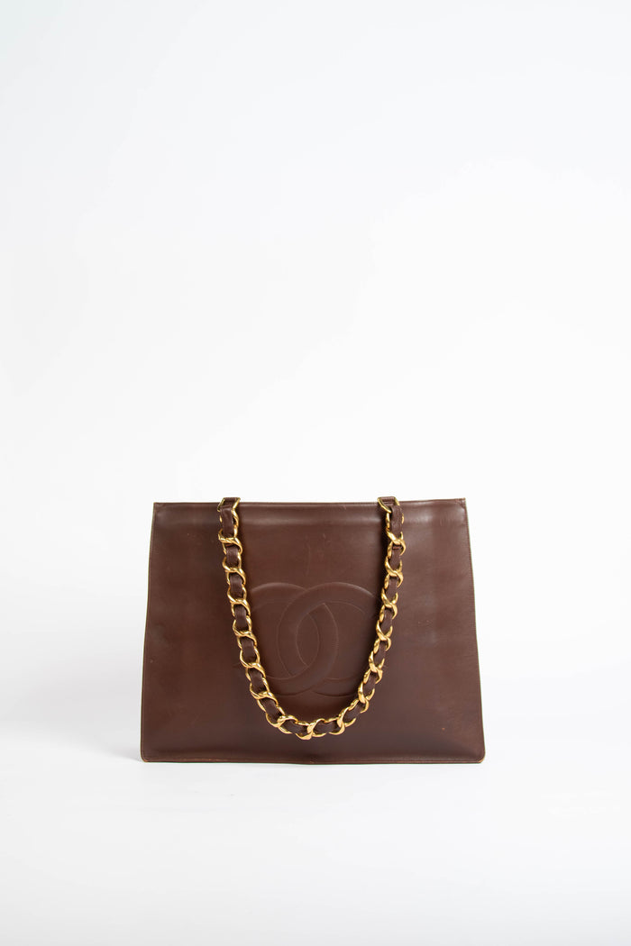 Vintage Chanel Brown Lambskin Leather Tote Bag with 24K GHW