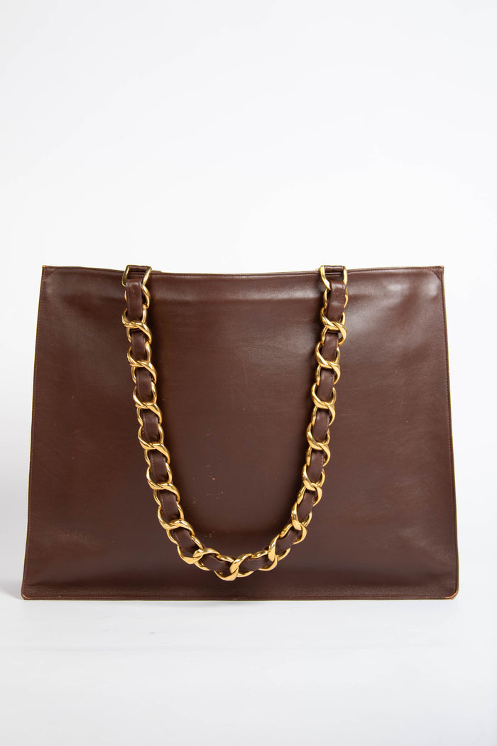 Vintage Chanel Brown Lambskin Leather Tote Bag with 24K GHW